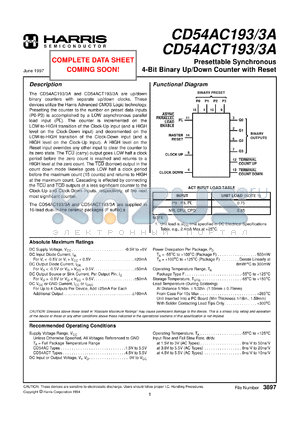 CD54ACT193F3A datasheet - Presettable Synchronous  4-Bit Binary Up/Down Counter with Reset