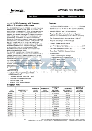 HIN213E datasheet - +/-15kV, ESD-Protected, +5V Powered, RS-232 Transmitters / Receivers