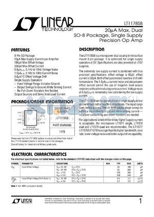 LT1179S8 datasheet - 20eA Max, Dual SO-8 Package, Single Supply Precision Op Amp