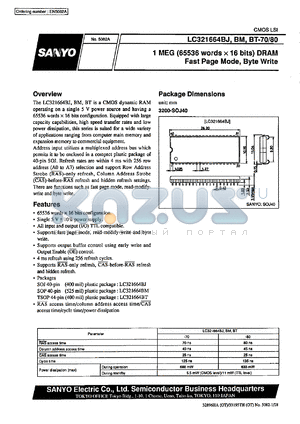 LC321664BJ-70 datasheet - 1 MEG (65536 words x 16 bit) DRAM, fast page mode, byte write