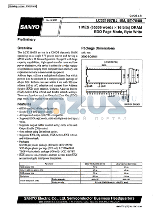 LC321667BM-70 datasheet - 1 MEG (65536 words x 16 bit) DRAM, EDO page mode, byte write