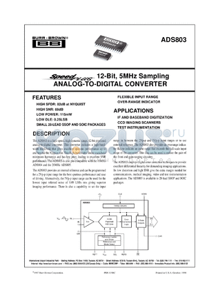 ADS803E/1K datasheet - SpeedPlus 12-Bit, 5MHz Sampling Analog-to-Digital Converter