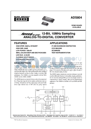 ADS804U/1K datasheet - SpeedPlus 12-Bit, 10MHz Sampling Analog-to-Digital Converter