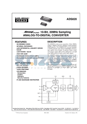 ADS820U/1K datasheet - SpeedPlus 10-Bit, 20MHz Sampling Analog-to-Digital Converter