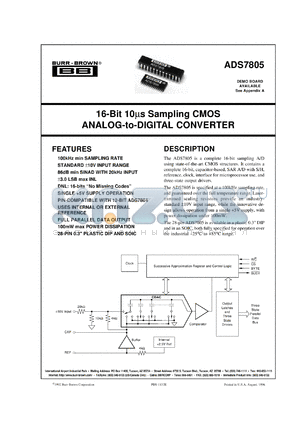 ADS7805U/1K datasheet - 16-Bit 10µs Sampling CMOS Analog-to-Digital Converter