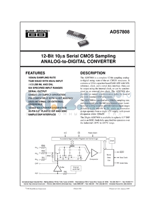 ADS7808UB/1K datasheet - 12-Bit 10µs Serial CMOS Sampling Analog-to-Digital Converter