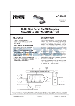 ADS7809UB/1K datasheet - 16-Bit 10µs Serial CMOS Sampling Analog-to-Digital Converter