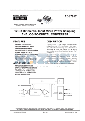 ADS7817PB datasheet - 12-Bit Differential Input Micro Power Sampling Analog-to-Digital Converter