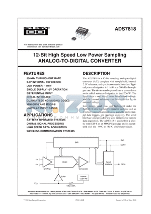 ADS7818E/250 datasheet - 12-Bit High Speed Low Power Sampling Analog-to-Digital Converter