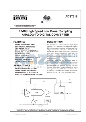 ADS7818EB/250 datasheet - 12-Bit High Speed Low Power Sampling Analog-to-Digital Converter