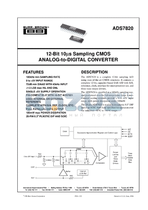ADS7820U/1K datasheet - 12-Bit 10µs Sampling CMOS Analog-To-Digital Converter