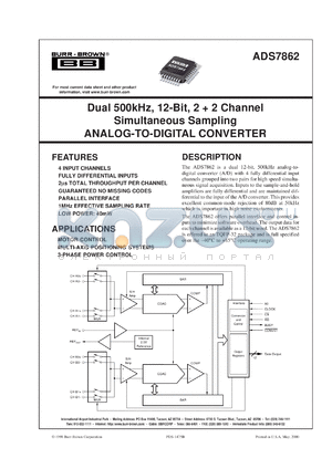 ADS7862YB/2K5 datasheet - Dual, 500kHz, 12-Bit, 2 + 2 Channel, Simultaneous Sampling Analog-To-Digital Converter