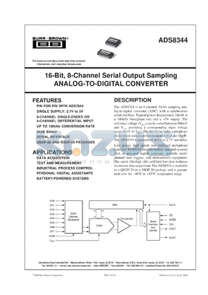 ADS8344NB/1K datasheet - 16-Bit, 8-Channel Serial Output Sampling Analog-to-Digital Converter
