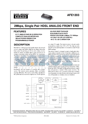 AFE1203E/1K datasheet - 2Mbps, Single Pair HDSL Analog Front End