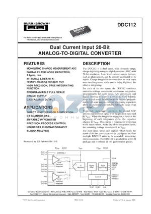 DDC112U/1K datasheet - Dual Current Input 20-Bit Analog-To-Digital Converter