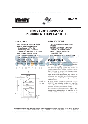 INA122U/2K5 datasheet - Single Supply, MicroPower Instrumentation Amplifier