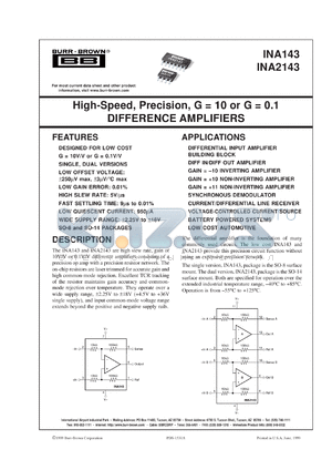 INA143UA/2K5 datasheet - High-Speed, Precision, G = 10 or G = 0.1 DIFFERENCE AMPLIFIERS