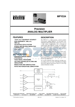 MPY534TH datasheet - Precision Analog Multiplier