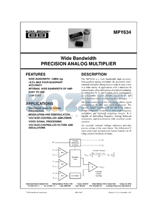 MPY534JH datasheet - Wide Bandwidth Precision Analog Multiplier