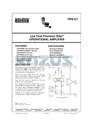 OPA121KU/2K5 datasheet - Low Cost Precision Difet® Operational Amplifier