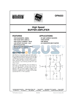 OPA633KP datasheet - High Speed Buffer Amplifier
