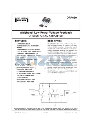 OPA650N/250 datasheet - Wideband, Low Power Voltage Feedback Operational Amplifier