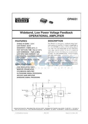 OPA651U/2K5 datasheet - Wideband, Low Power Voltage Feedback Operational Amplifier