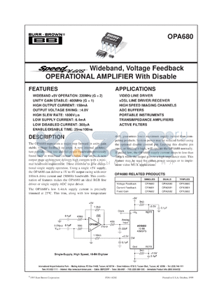 OPA680N/3K datasheet - SpeedPlus™ Wideband, Voltage Feedback Operational Amplifier with Disable