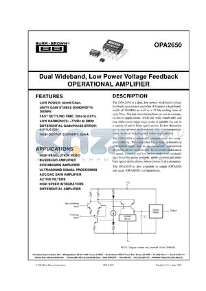 OPA2650E/2K5 datasheet - Dual Wideband, Low Power Voltage Feedback Operational Amplifier