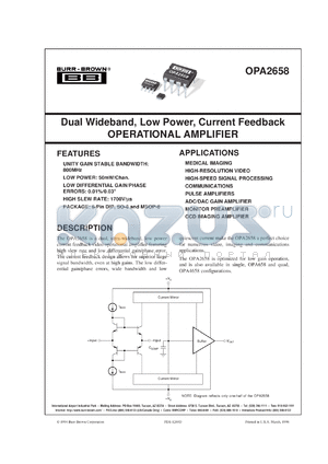 OPA2658E/250 datasheet - Dual Wideband, Low Power, Current Feedback Operational Amplifier