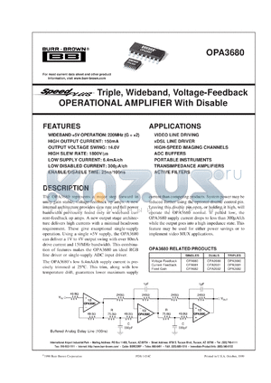 OPA3680E/250 datasheet - SpeedPlus Triple Wideband, Voltage Feedback Operational Amplifier With Disable