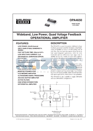OPA4650U/2K5 datasheet - Wideband, Low Power, Quad Voltage Feedback Operational Amplifier
