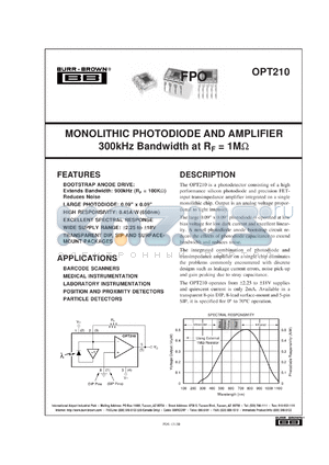OPT210P-J datasheet - Monolithic Photodiode and Amplifier 300kHz Bandwidth at R<SUB>F</SUB>=1Mohm