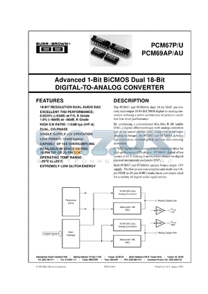 PCM69AU-K/2K datasheet - Advanced 1-Bit BiCMOS Dual 18-Bit Digital-to-Analog Converter
