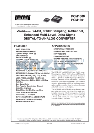 PCM1600Y/2K datasheet - SoundPlus 24-Bit, 96kHz Sampling, 6-Channel, Enhanced Multi-Level, Delta-Sigma Digital-to-Analog Converter