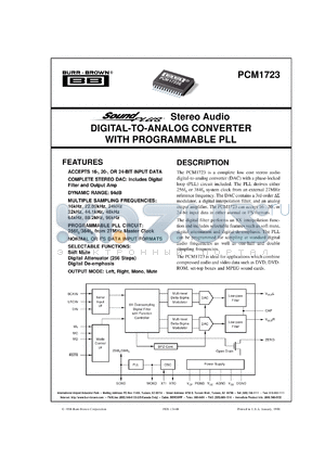 PCM1723E datasheet - SoundPlus™ Stereo Audio Digital-To-Analog Converter with Programmable PLL