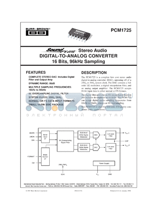PCM1725U/2K datasheet - SoundPlus™ Stereo Audio Digital-To-Analog Converter 16 Bits, 96kHz Sampling