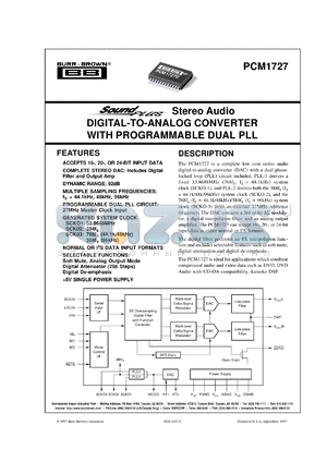 PCM1727E datasheet - SoundPlus™ Stereo Audio Digital-To-Analog Converter with Programmable Dual PLL