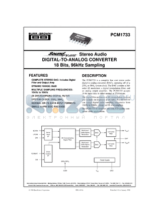 PCM1733U/2K datasheet - SoundPlus™ Stereo Audio Digital-To-Analog Converter 18 Bits, 96kHz Sampling