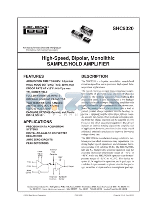 SHC5320KU/1K datasheet - Bipolar Monolithic Sample/Hold Amplifier