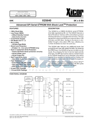 X25640P datasheet - 64K (8K x 8bit) Advanced SPI serial E2PROM with block lock protection