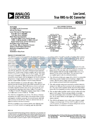 AD636 datasheet - Low power monolithic IC which performs true rms-to-dc conversion on low level signals