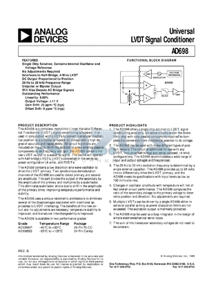 AD698 datasheet - Universal LVDT Signal Conditioner(REV B)