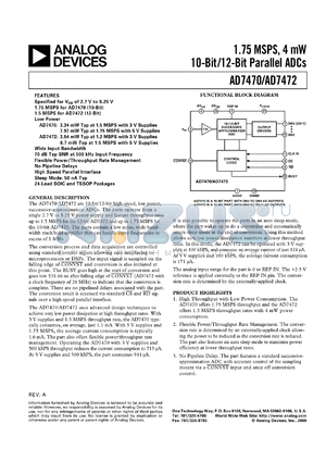 AD7472 datasheet - 12-Bit, 2.7 V to 5.25 V, 1.5 MSPS Low Power ADC