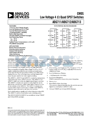 ADG712 datasheet - 2.5 Ohm, Low Voltage, Ultra-low Leakage, Quad SPST (4NO) Switch in TSSOP