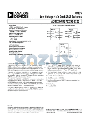 ADG721 datasheet - 4 Ohm, Low Voltage Dual SPST (2NC) Switch on 8-ld uSOIC