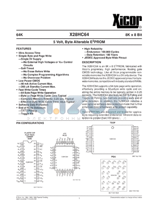 X28HC64J-55 datasheet - 64K (8K x 8bit) 5 volt, byte alterable E2PROM