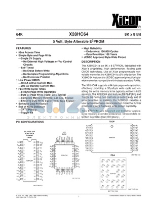 X28HC64FI-55 datasheet - 64K (8K x 8bit) 5 volt, byte alterable E2PROM