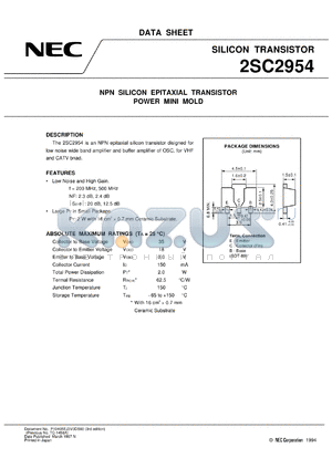 2SC2954-T1 datasheet - For amplify high frequency, low noise, and wide band.