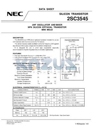 2SC3545-T1B datasheet - For UHF tuner, MIXER and OSC.